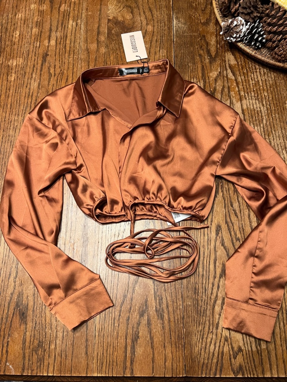 Missguided Copper Satin Long Sleeve Drawstring Crop Top